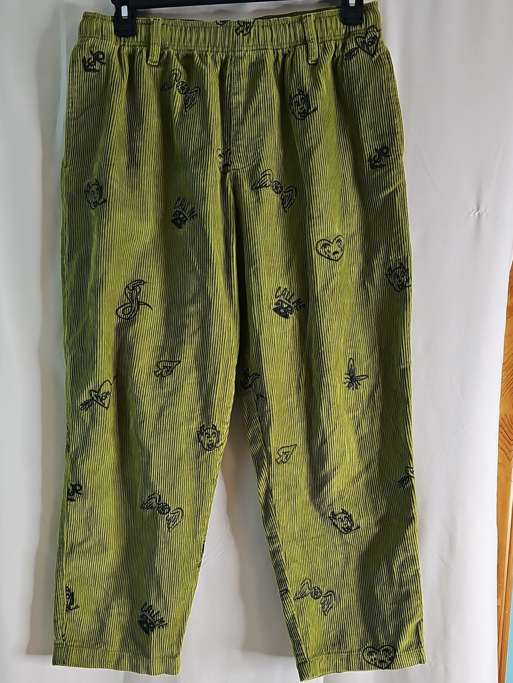 Urban Outfitters Olive Green Corduroy Pants with Black Embroidered Motifs